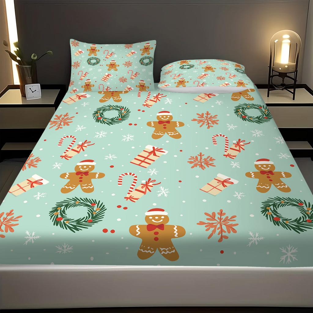 3-teiliges Weihnachts-Lebkuchenmann-Girlanden-Druck Kernloses Bettlaken-Set Mehrere Größen Bettdecke Bequeme Bettwäsche Maschinenwaschbar