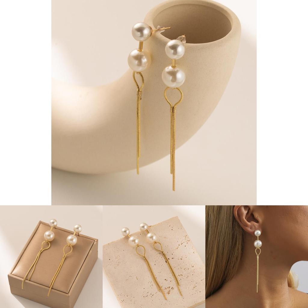 Long Chain Faux Pearl Earrings For Women Gold Plated Geometric Design