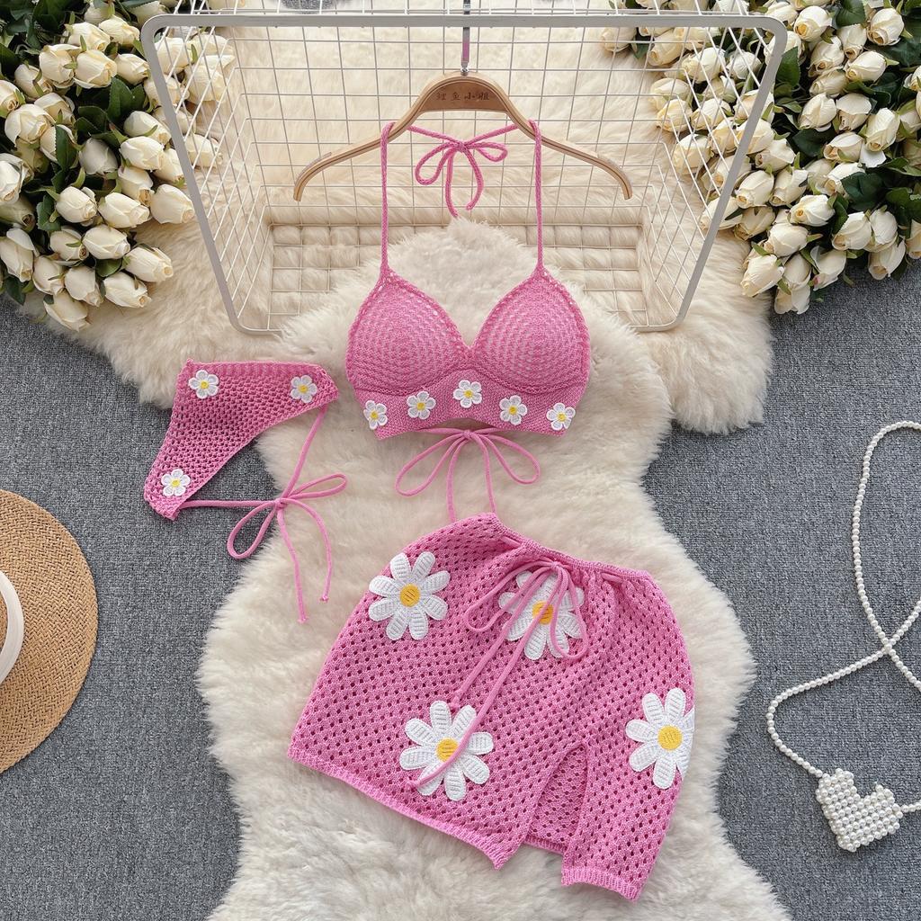 Korean Hollow Out Knitted Suits Women Halter Lace Up Bow Backless Tank Top Drawstring Split Mini Skirt Summer Fashion Sweet Two Pieces Sets