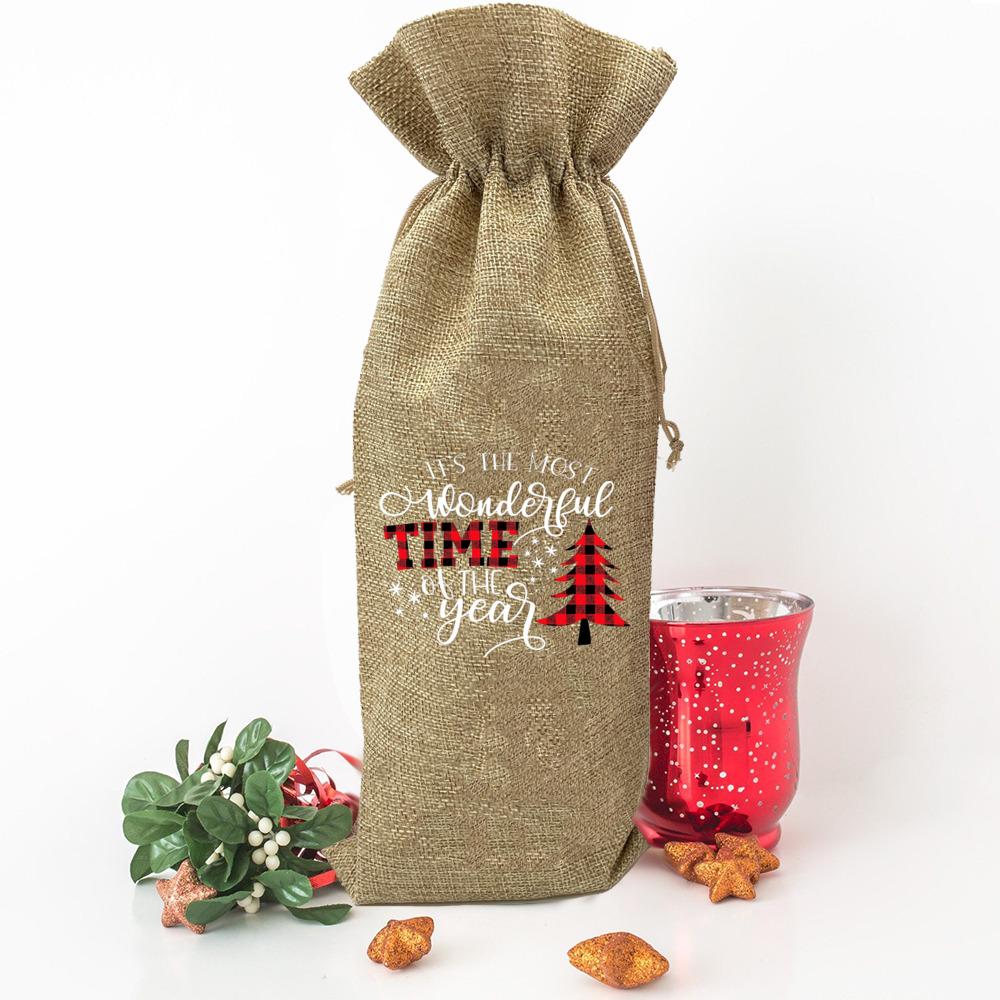

Merry christmas tree print wine bottle bag Burlap retro dust cover to protect wine bottle Christmas gift for family and friends