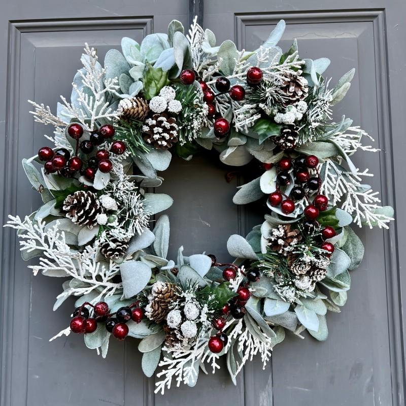 Christmas Flocked Sheep Ear Leaf Wreath With Artificial Red Berries Pinecones Snow Spray 40cm Front Door Decor
