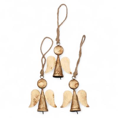 Handmade 3 Pcs, Rustic Gold Guardian Angel Ornaments with Bells, 4.5 Inch Memorial Gift for Christmas Tree Decor and Farmhouse Home