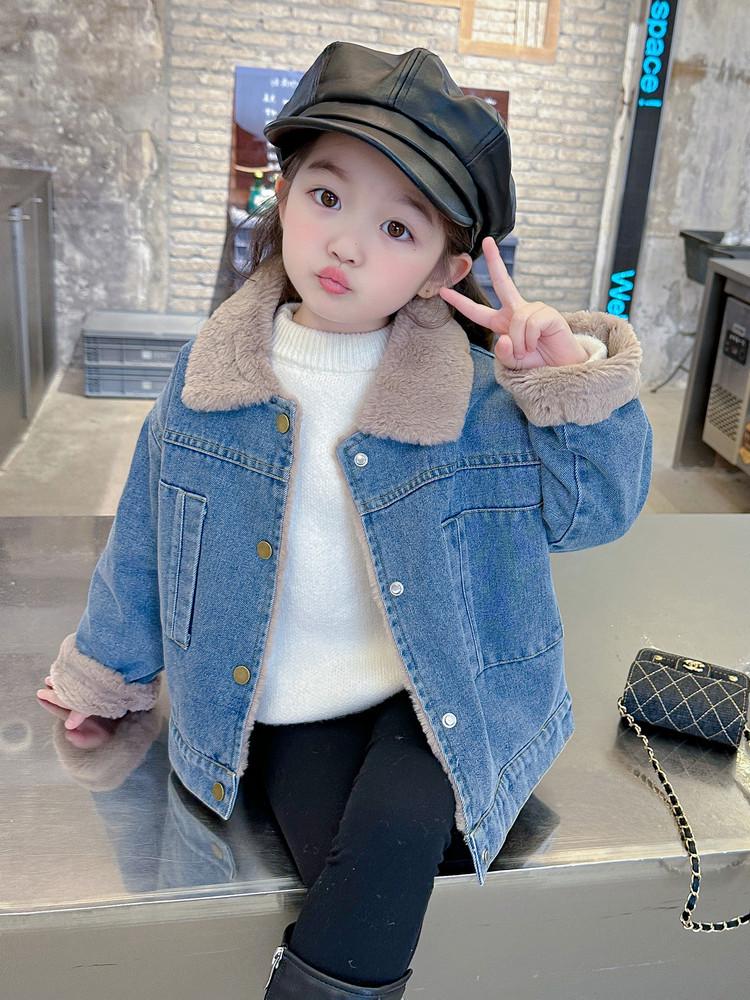 Denim Fleece-Lined Jacket for Girls - Autumn/Winter 2025 Korean Style