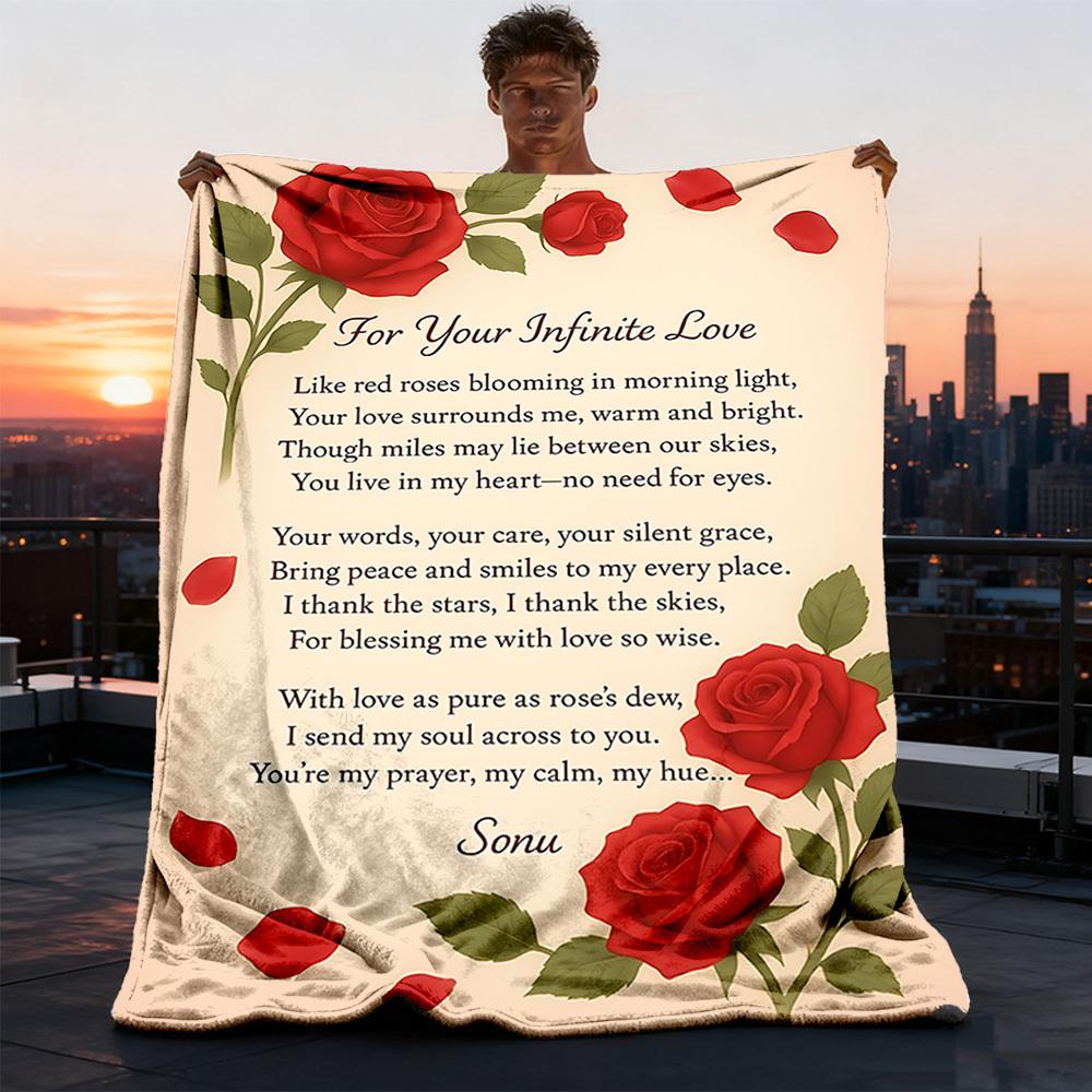 1pc Red Roses Love Poem Throw Blanket Polyester Fiber, Lightweight Flannel, Soft & Warm, All Season Use for Outdoor, Camping