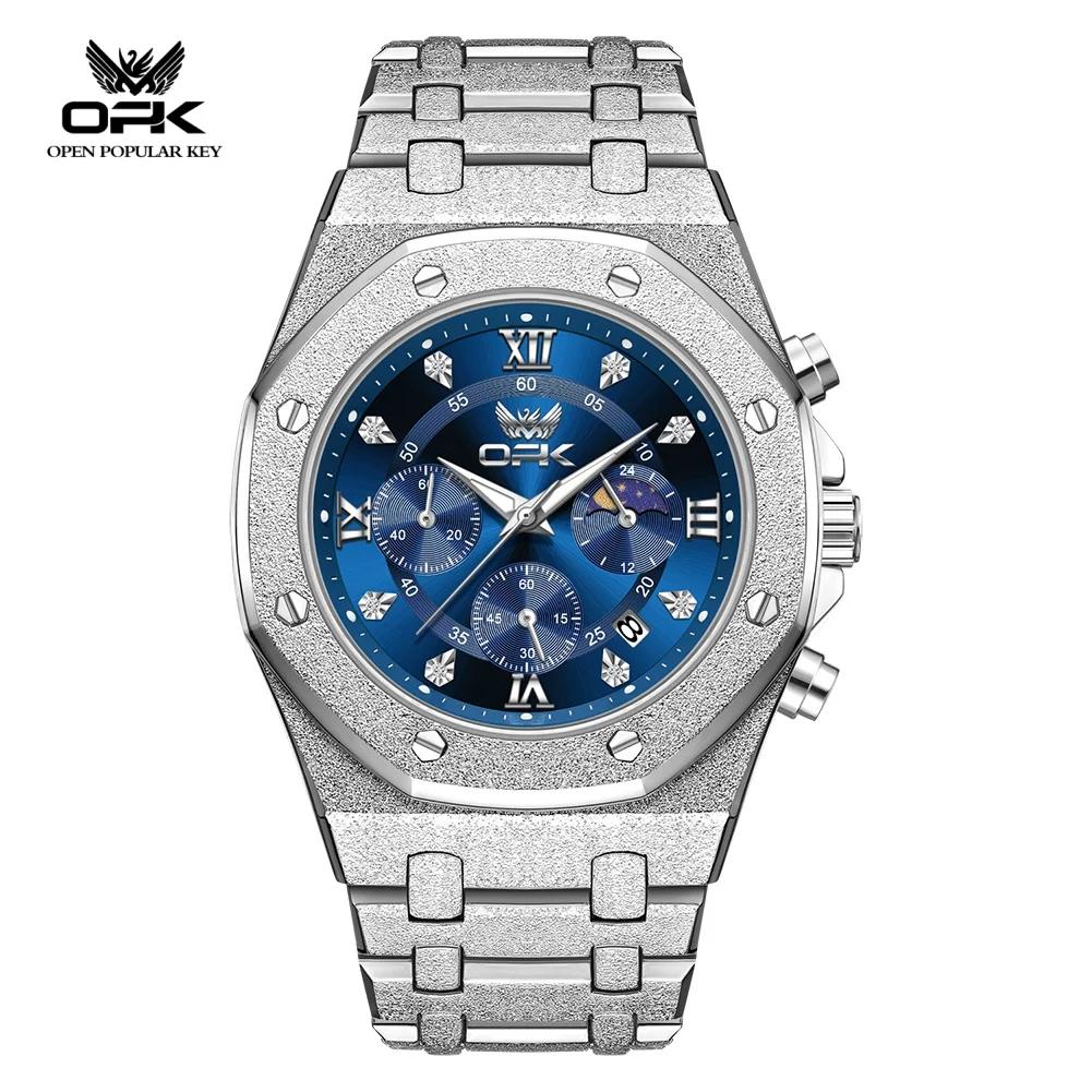 Waterproof Mens Chronograph Watches Steel Strap Moon Phase Calendar Frosted Metal Casual Wrist Watch