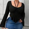 Plus Size Women Solid Color Flared Sleeve Cropped T Shirt Casual Elegant Top