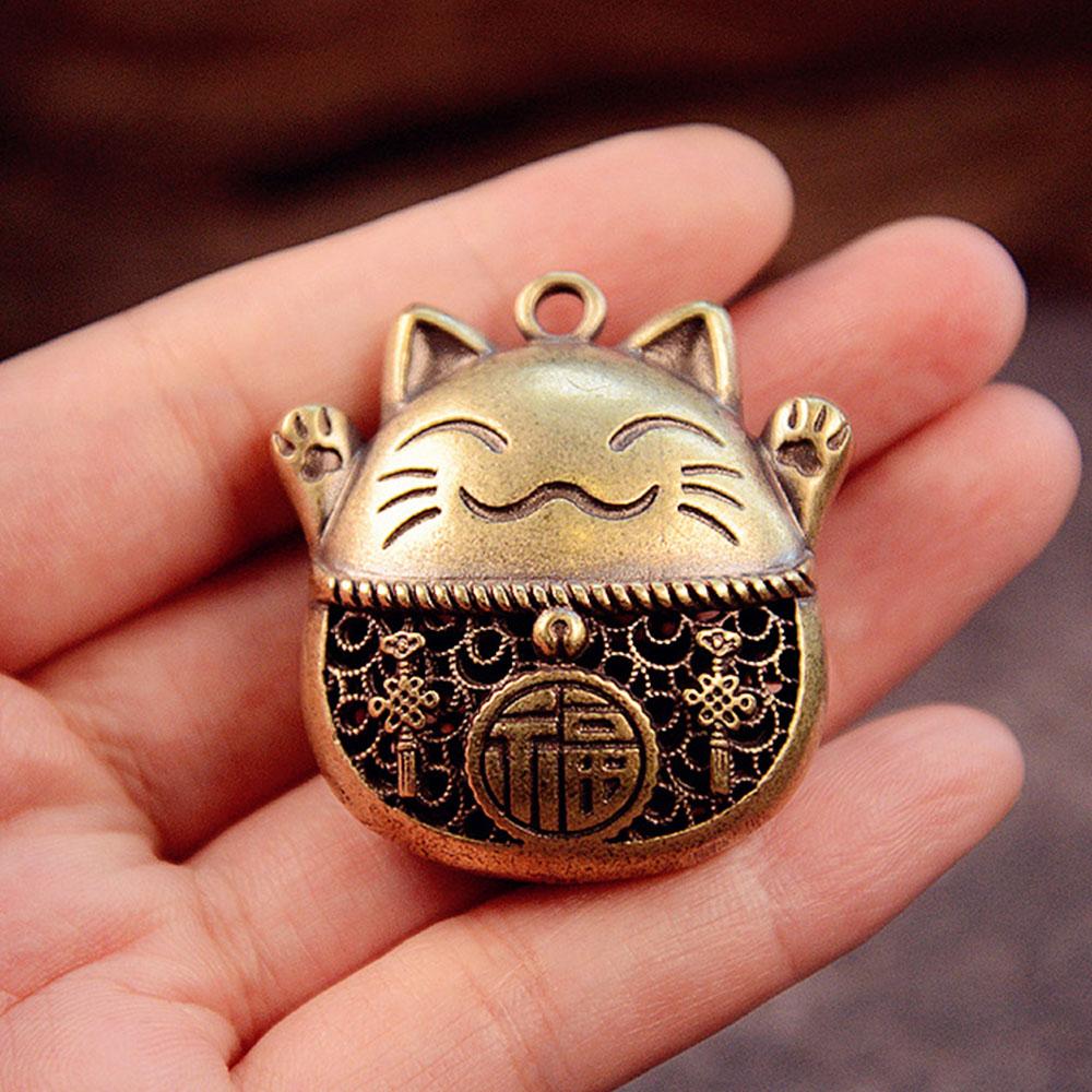 Good Lucky Cat Keychain Charms Brass Cat Feng Shui Zhaocai Wealth DIY Retro Hanging Ornaments