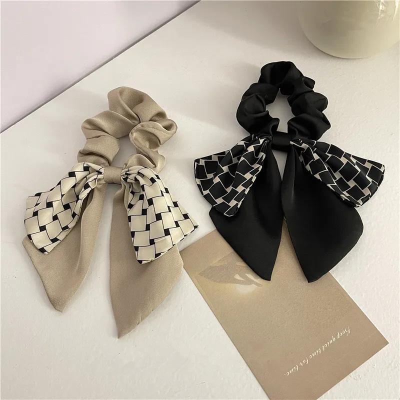 New Plaid Ribbon Hair Rings for Women Elegant Double Bow Headband Versatile Tie Hair Rubber Band Girl Hair Accessories