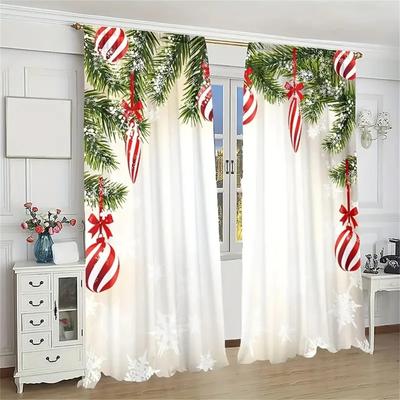 2-teilig,Vorhang mit Weihnachtskugeln und Tannenblättern,Mit Stangenhalterung,Digital bedruckte Vorhänge,Polyestermaterial,Für Wohnzimmer/Schlafzimmer
