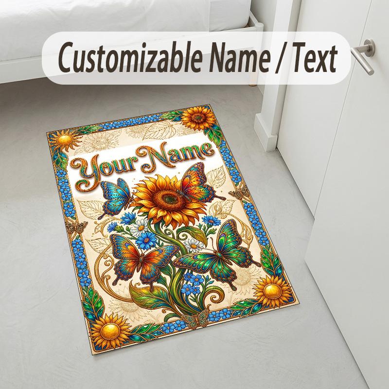 Butterfly Theme Crystal Velvet Rug Personalized Custom Name Text Soft Floor Mat Home Decor