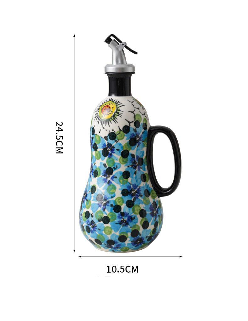Vintage Floral Ceramic Oil Bottle 600ml, Hand Painted Polish Style Vinegar Dispenser with Handle, Kitchen Decor Cruet