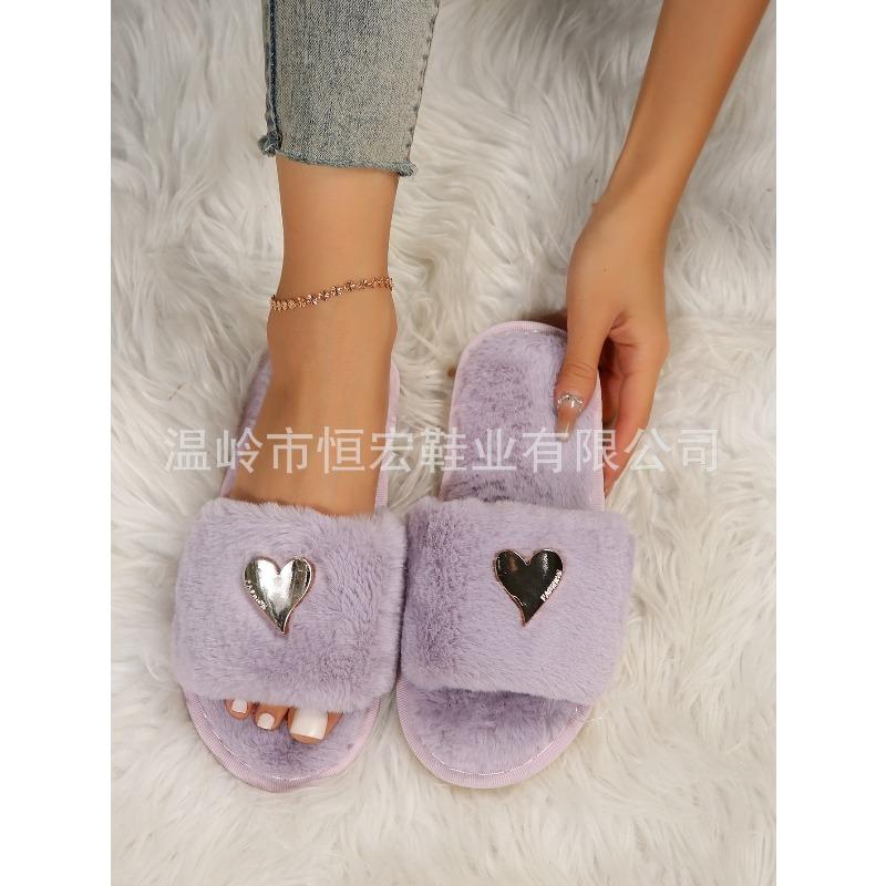 Women's Heart Shaped Flat Faux Rabbit Fur Slippers, Casual Indoor Home Footwear, Plus Size Warm Comfortable Slip On House Shoes