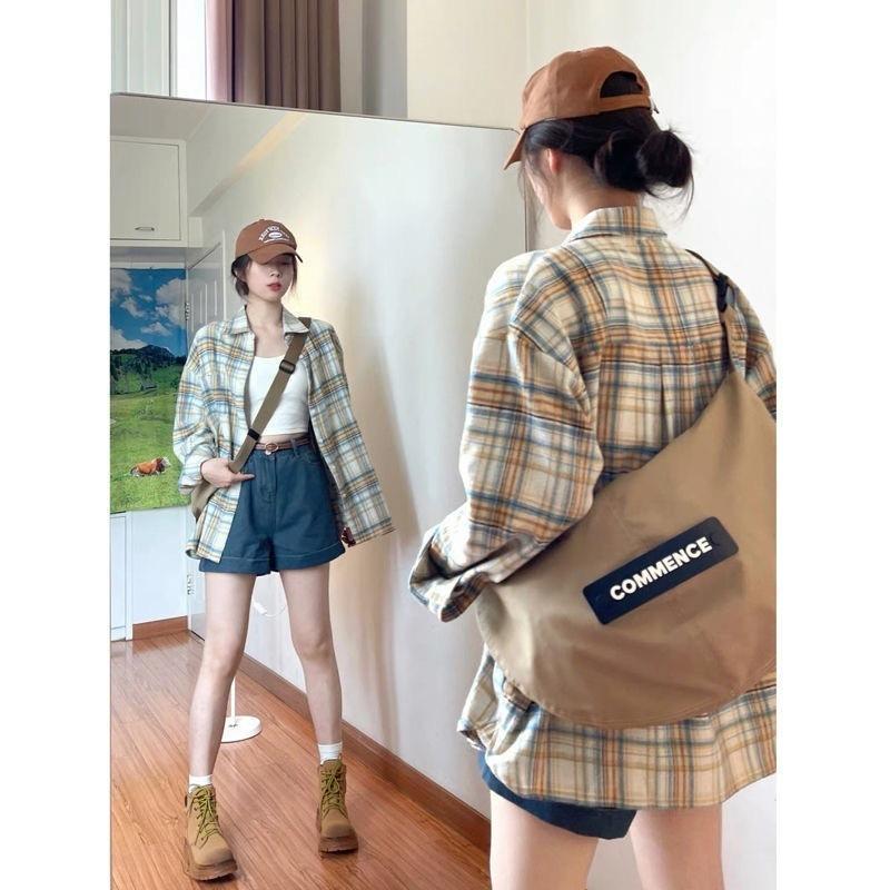 Women's 2026 Early Spring Retro Yellow Plaid Loose Shirt Jacket