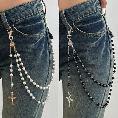 Catena Vita con Pendente Croce alla Moda, Stile Freddo Catena Vita Frangiata con Perle Artificiali