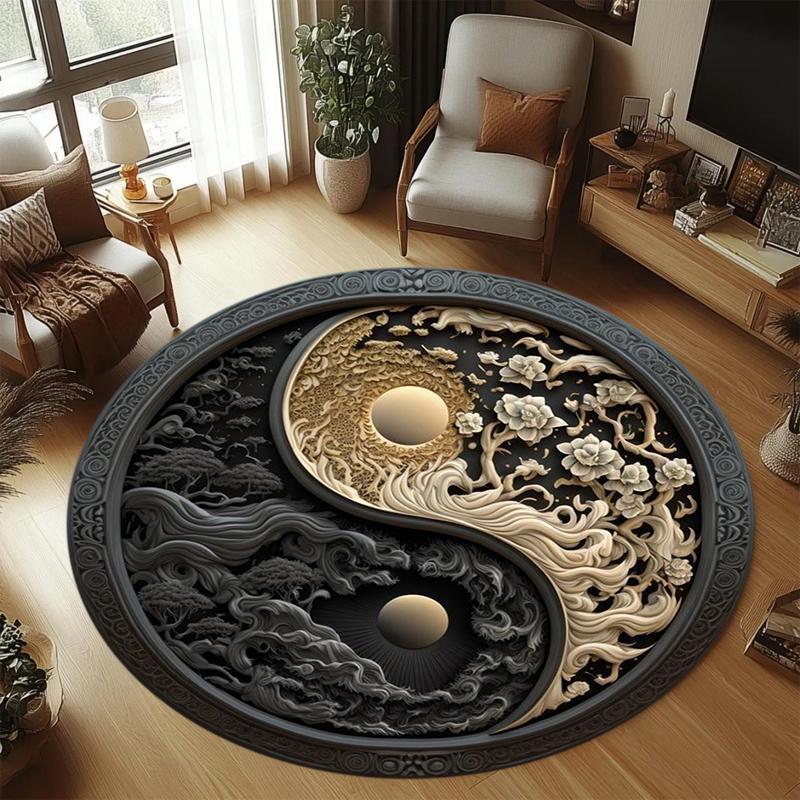 

Yin Yang Round Area Rug Non-Slip Washable Floor Mat with Sun Moon Cloud Tree Print in Black Gold Grey for Zen Home 80cm x 80cm