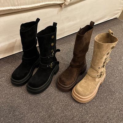Mitte Wade Flach mit Modernen Stiefeln Winter Slipper 2024 Hochwertige Damenschuhe Runde Zehe Niedriger Absatz Schnalle Neuheit Damenstiefel