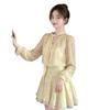 Tea Break Vacation Gentle Wind Floral V-neck Long Sleeves, Dress Women's Spring Summer Light Yellow Streamer Waist Short Skirt