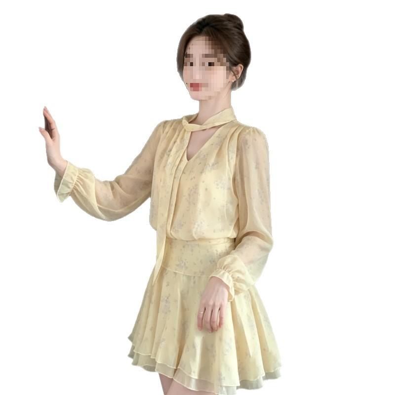 Tea Break Vacation Gentle Wind Floral V-neck Long Sleeves, Dress Women's Spring Summer Light Yellow Streamer Waist Short Skirt