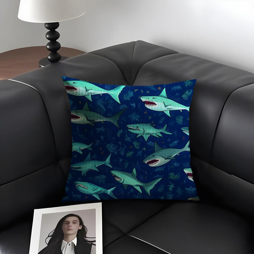 Shark Fashion Cushion Cover Natural Linen Organic Fabric DoubleSided Printing Sofa Home Decor Gift Pillow Case