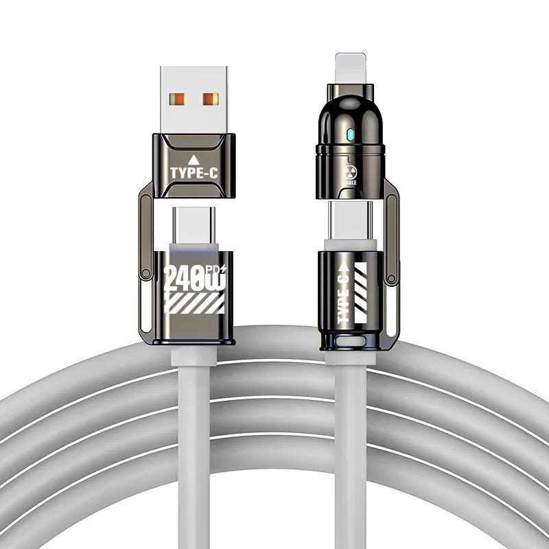 Maximal 240W 4-i-1 Snabbladdningskabel, med två hängande laddningskablar, Utrustad med USB-A/Type-C/Lightning, 4-i-1 Snabbladdningskabel