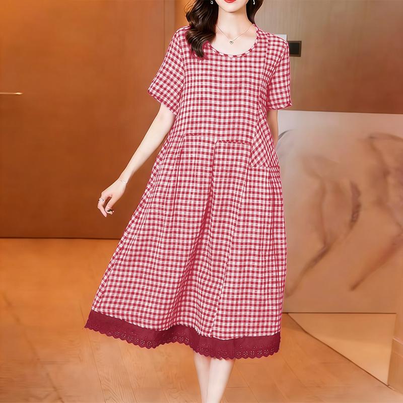 

ZANZEA Women Casual Round Neck Short Sleeve Plaid Print Dress червоний