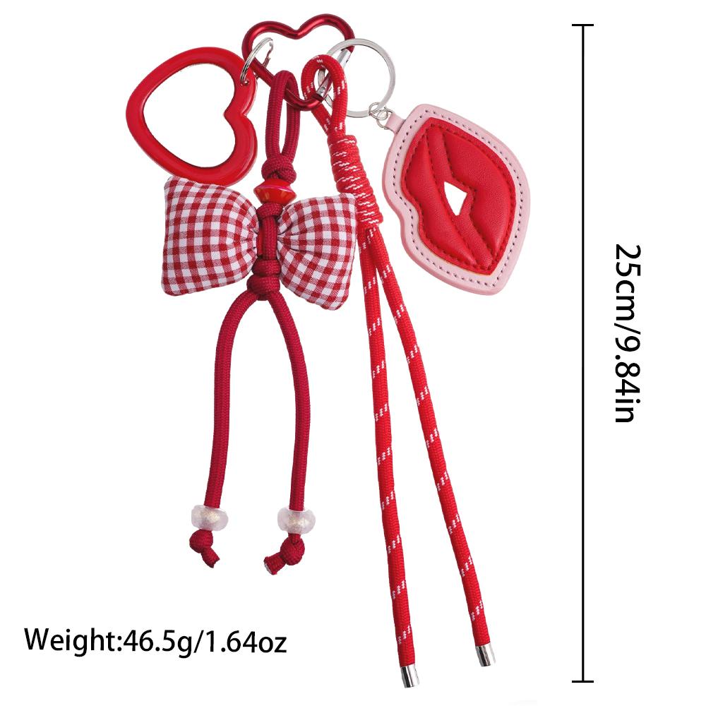 Red Gingham Bow Keychain with Heart Mirror And Lip Pendant Cute Sweet Style Bag/Key Decoration Accessory Braided Rope Material