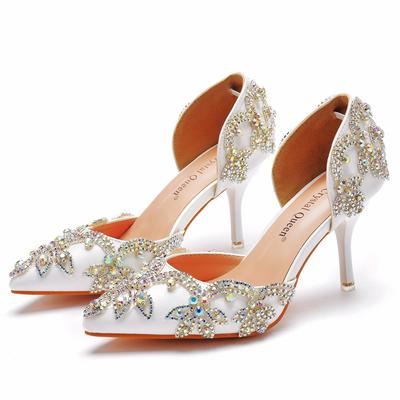 8 Cm Rhinestone Wedding Shoes, Thin Heel Pointed Sandals Hollow Two-piece Sandals Large-size Crystal Wedding Shoes for Women