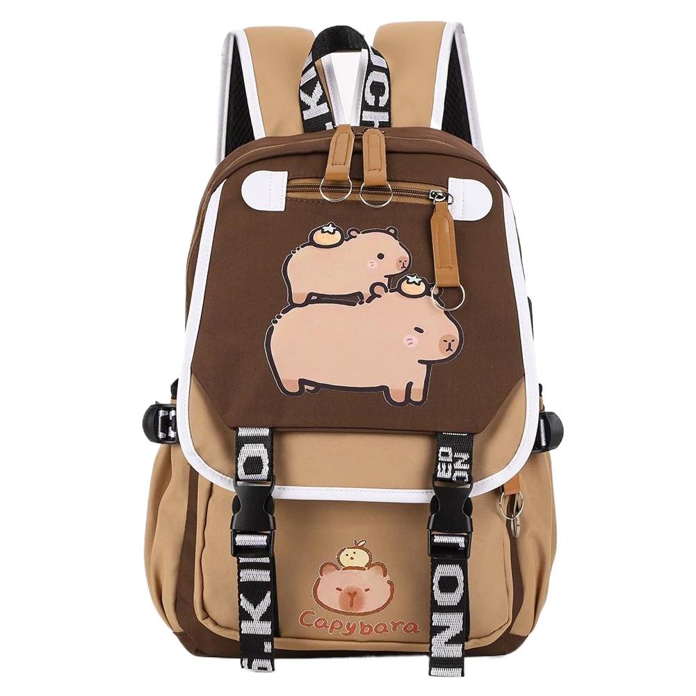 Capybara Flap Backpack with Pencil Case Fashion Casual Nylon Cute Bag Large Capacity Bookbag Animal Cartoon Daypack for Teens