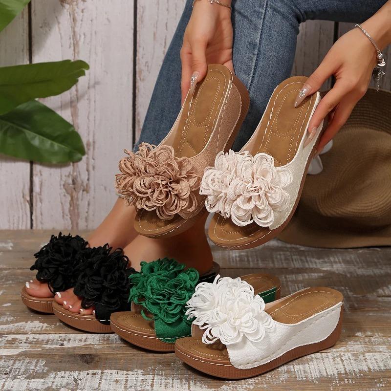 New Women Wedges Slippers Fashion Flower Slippers Women 2025 Summer Beach Platform Sandals Outdoor High Heels Shoes Slides Women
