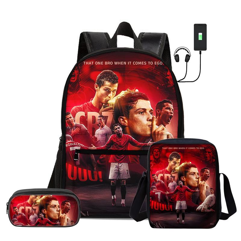 Children 3Pcs Set Daily Pack Football Star Rucksack Best Gift Pupil School Carry Carrier Pencil Bags M-Messis School Bag
