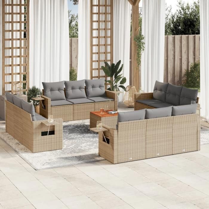VidaXL Salon de Jardin avec Coussins 13 pcs, Canapés de Terrasse, Ensemble de Meubles de Patio, Mobilier d'Extérieur, Beige 3224498