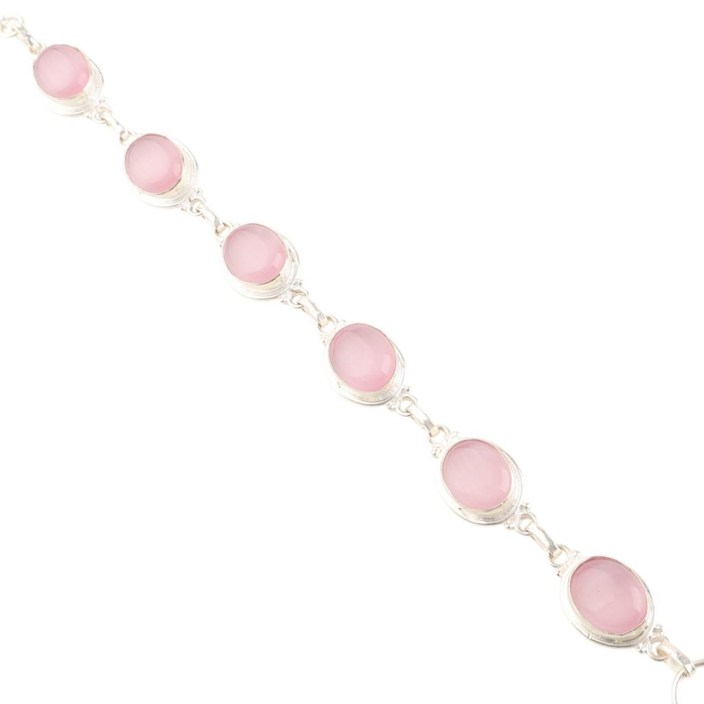 Naturalny Różowy Kamień Kocie Oko Srebro Próby 925 Ręcznie Robiona Bransoletka Boho 8,5" RB-3-29