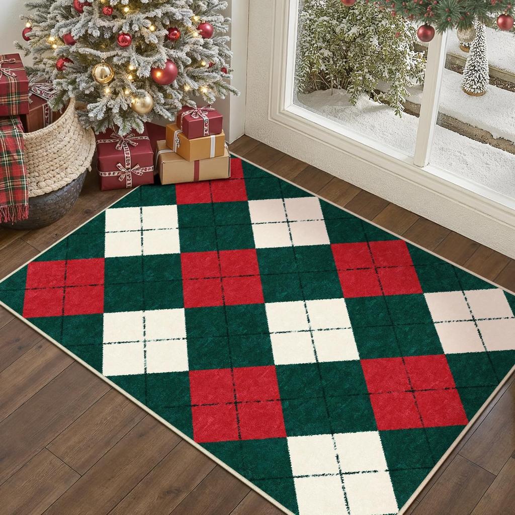 Christmas Large Area Rug Living Room Rug Machine Washable Rugs Low Pile Carpet Indoor Door Mat Red/White Non-Slip Snowflake Rug
