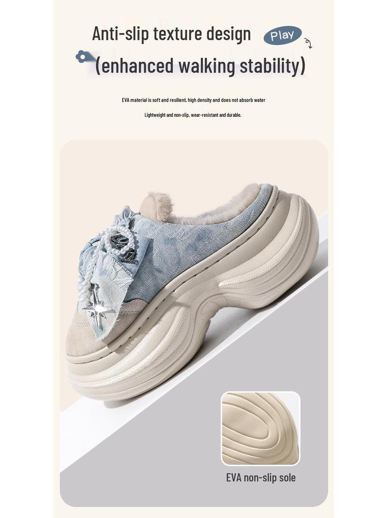 Women's Thick-Soled High-Heeled Bow Cotton Slippers - Winter 2025 Non-Slip, Height-Boosting, Warm PU Slippers
