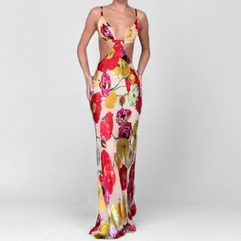 Women s spring new, European and American dresses, sexy suspender printed backless dresses S