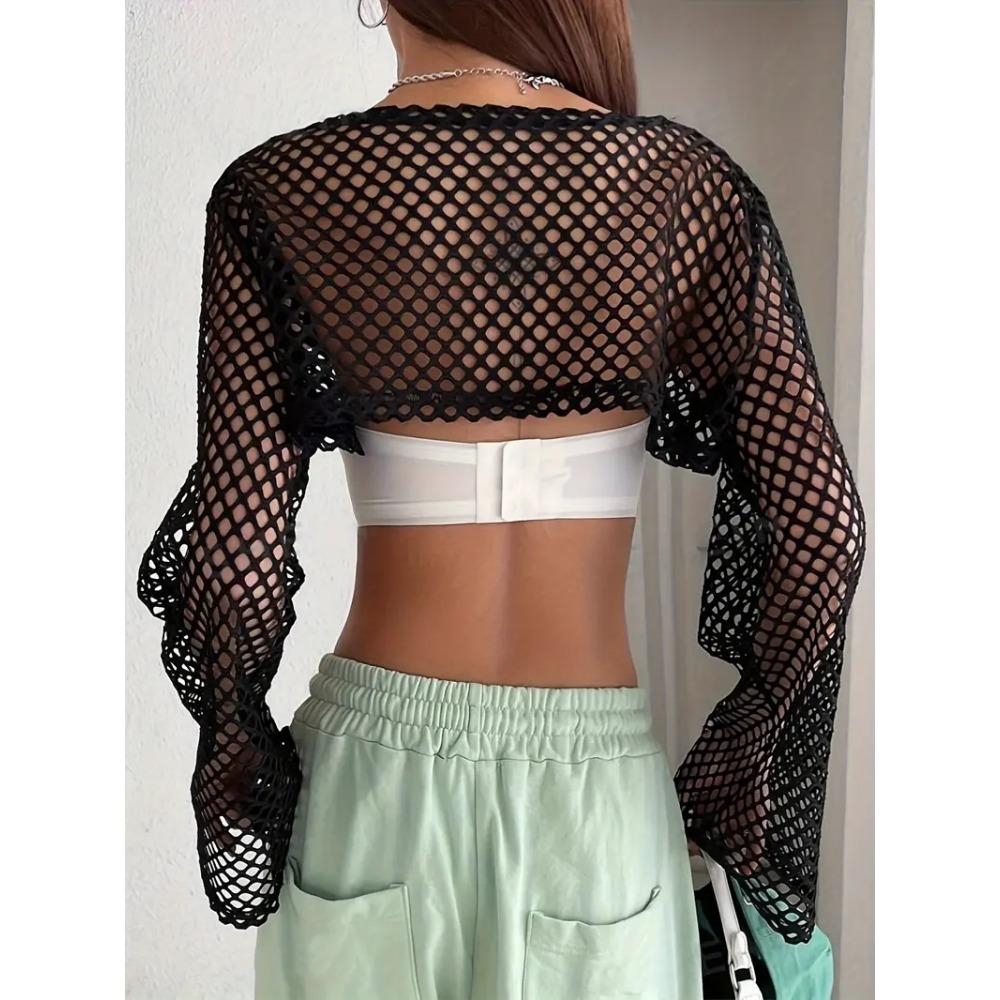 Mesh Solid Color Hollow Top Spring and Autumn Long-sleeved Hollow Ultra-short Casual T-shirt for Women