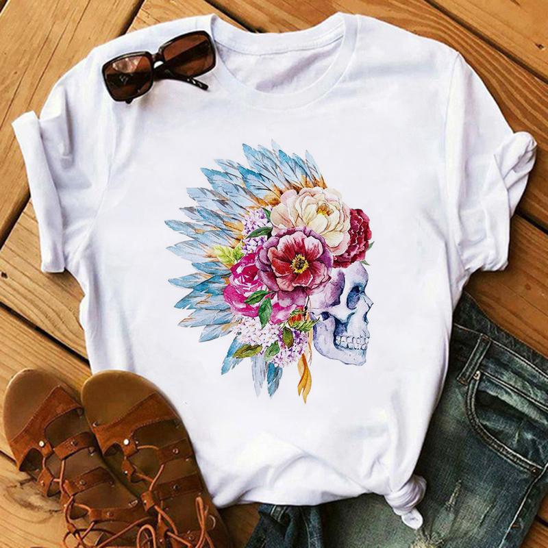 Camiseta De Arte Esttica Feminina De Flores De Caveira Roupas Punk Rock Camiseta Estampada Com Cavaleiro Roupas Fitness Vero 2020