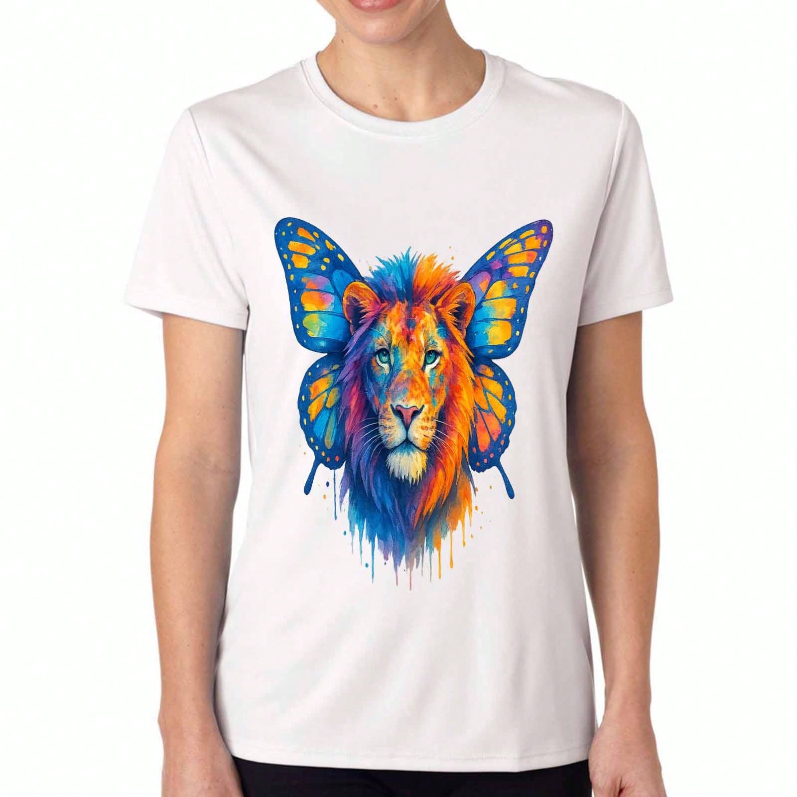 Butterfly Lioness Ladies Cotton T Shirt, Premium Cotton Quality Printing, Lion With Butterfly Wings, Durable, Casual And Fashionable, Daily Outfit, Ar S разноцветный