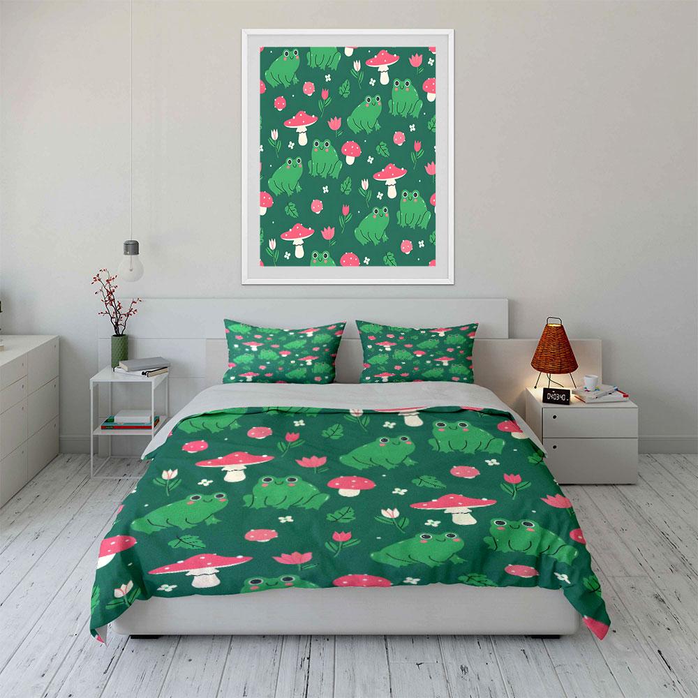 Frog and Mushroom Pattern Set Bedding Duvet Cover Set (1*Duvet Cover 2*Pillowcases, without duvet insert)