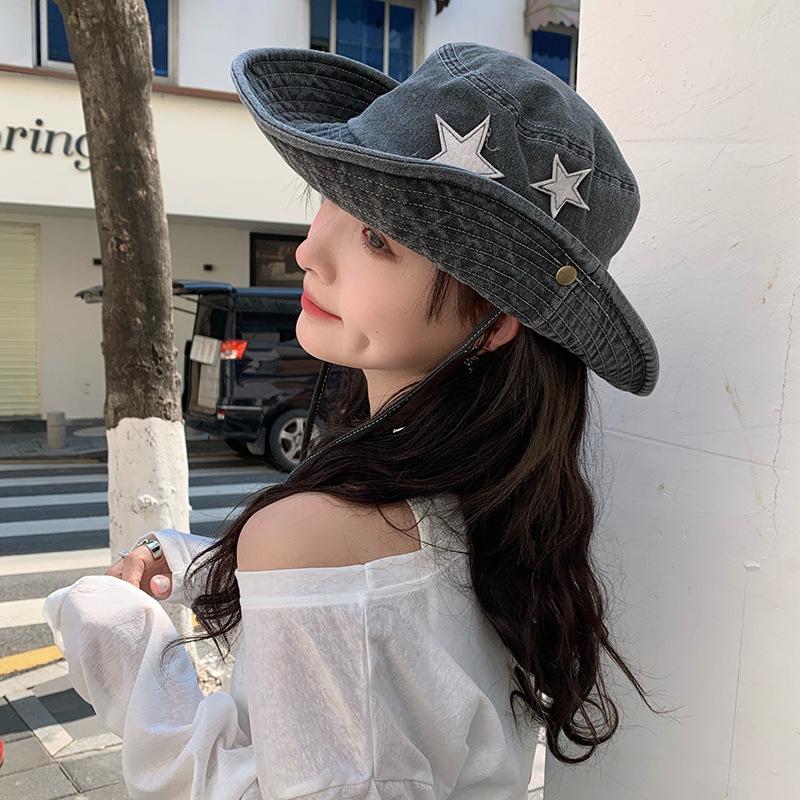 Punk Star Wide Brim Cowboy Hat For Women Girl Soft Cotton Fordable Sunshade Fisherman Cap Outdoor Fishing Climbing Denim Hats