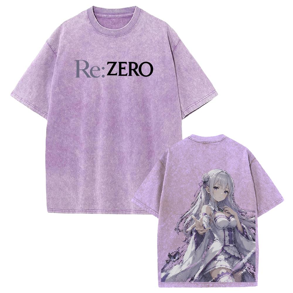 Emilia Re:ZERO Anime T-shirt Harajuku Vintage Washed Oversized T Shirt Men Women Clothing Short Sleeve 100% Cotton Tees Tops