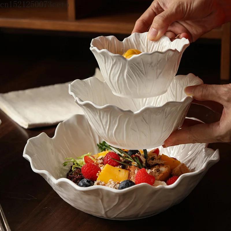 Nordic Luxury Flower Ceramic Bowl Pure White Creative Cabbage Relief Tableware Fruit and Vegetable Salad Bowl, Large Soup Bowl