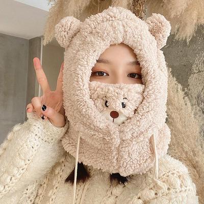 Korean Bear Hat Winter Scarf Warm Ear Protection Plush Animal Hat Cute Mask Integrated Hood Women Kids Outdoor Fashion Hat