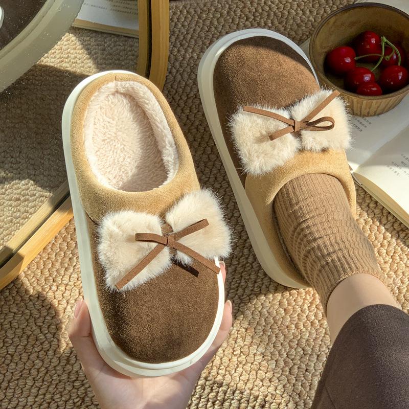 2025 new cotton slippers winter home indoor velvet bow cute student dormitory warm cotton mop