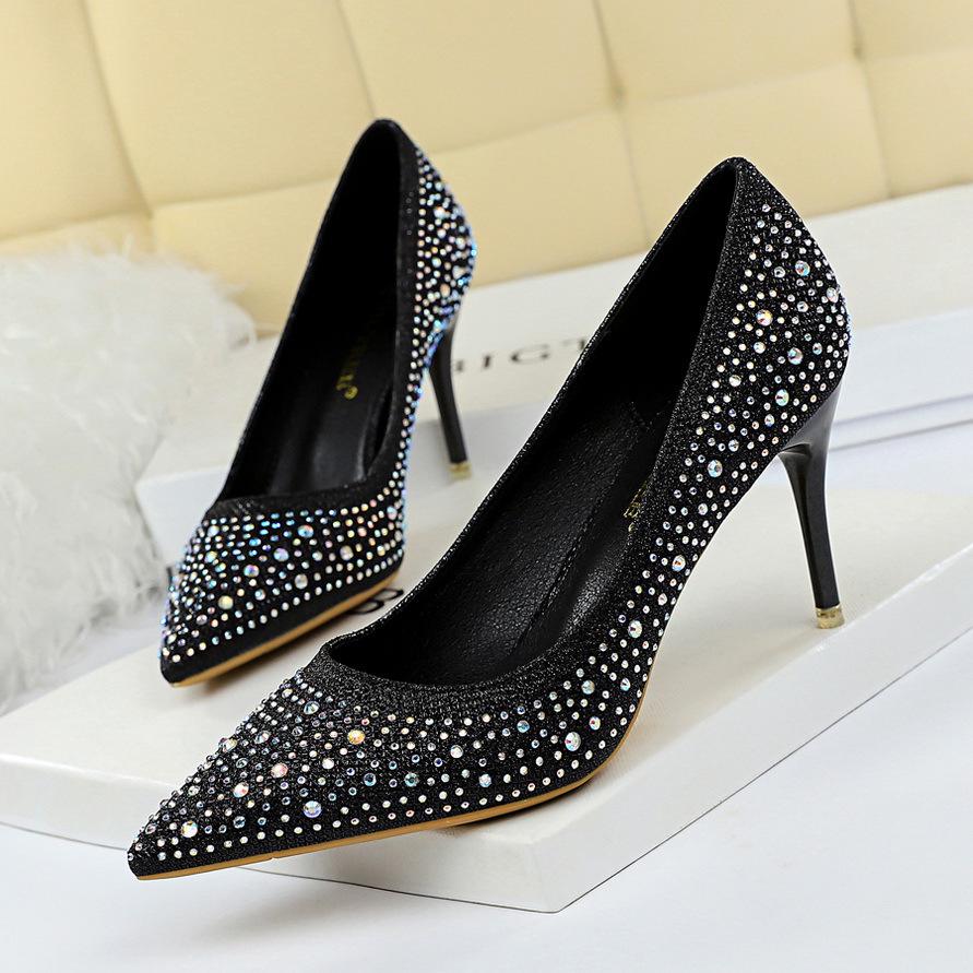 "9219-22 Korean Fashion Women's Sexy Stiletto Heels with Rhinestone Embellished Pointed Toe"