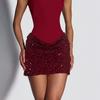 Rochie bodycon patchwork cu paiete, de culoare roșu-vin, cu bretele subțiri