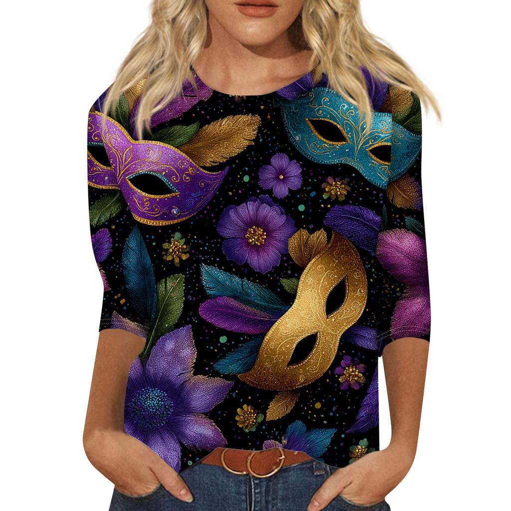Women's Fashionable Casual Three-Quarter Sleeve Carnival Print Neck Top