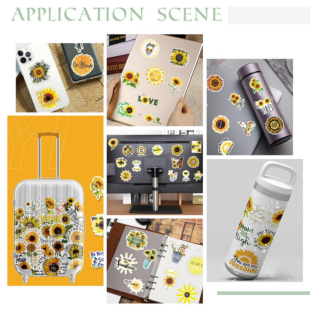 1box Waterproof PVC Self-Adhesive Stickers for Suitcase Skateboard Refrigerator Helmet Mobile Phone Shell Sunflower Pattern 60~80mm 100pcs/box