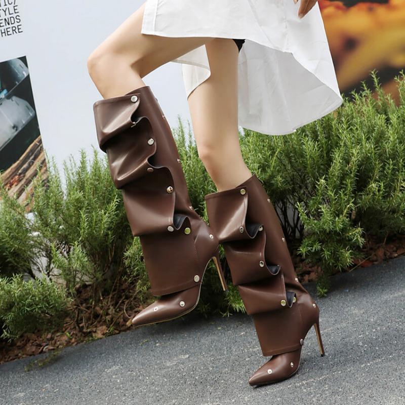 Fashion Wrinkled Metal Buttons Spliced Disassemble Knee Boots Fashion Show Folding High Barrel Boots 32-48 Auto Show Model Fashion Boot