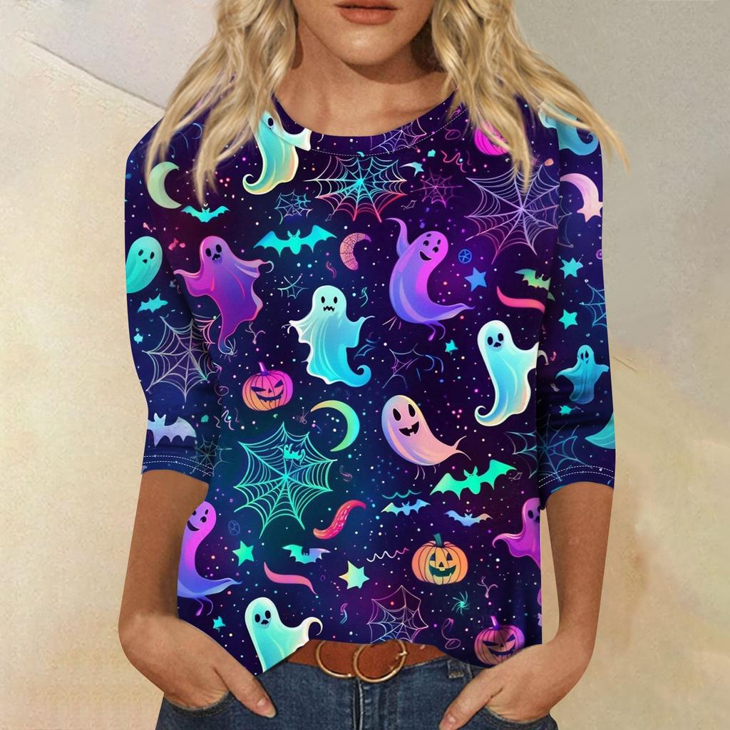 Women's Fashion Casual Three-quarter Sleeve Halloween Printed Round Neck Top